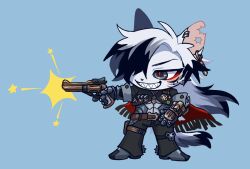 1boy animal_ears black_eyes black_hair black_jacket black_pants blue_background body_fur boothill_(honkai:_star_rail) cat_boy cat_ears cat_tail chibi colored_tips commentary_request cowboy cowboy_western cropped_jacket cyborg ear_piercing firing floating_hair full_body furrification furry furry_male grey_fur grey_hair grin gun hair_over_one_eye hand_on_own_hip handgun highres hip_vent holding holding_gun holding_weapon honkai:_star_rail honkai_(series) jacket long_hair looking_to_the_side male_focus multicolored_hair neko_gokoro pants piercing red_pants revolver sharp_teeth simple_background slit_pupils smile solo spurs standing tail teeth weapon western white_hair