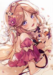 1girl absurdres alternate_costume bare_shoulders bikini blonde_hair bouquet cartethyia_(wuthering_waves) chromatic_aberration commentary flower flower_hairband hair_flower hair_ornament hashtag-only_commentary highres holding holding_bouquet long_hair looking_at_viewer open_mouth parted_bangs purple_bikini purple_eyes smile solo sw_haze swimsuit tacet_mark_(wuthering_waves) tearing_up upper_body wuthering_waves