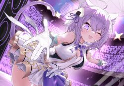 1girl animal_ear_fluff animal_ears audience bare_shoulders breasts cat_ears cat_girl cat_tail cleavage commentary_request cowboy_shot food-themed_hair_ornament gloves hair_ornament highres hololive idol medium_breasts medium_hair nekomata_okayu one_eye_closed onigiri_hair_ornament shirt skirt solo stage tail vest virtual_youtuber white_gloves white_shirt white_skirt white_vest yamato1001_1214