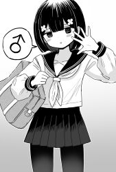 Rule 34 | 1boy, bag, black background, blush, crossdressing, crossdressing (mtf), flower, gradient background, grey background, hair flower, hair ornament, highres, long sleeves, miniskirt, monochrome, open mouth, original, pantyhose, pleated skirt, ribbon, school bag, school uniform, serafuku, simple background, skirt, speech bubble, sweatdrop, trap, vae, waving, white background