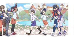 Rule 34 | 3boys, 4girls, arm up, arven (pokemon), backpack, bag, black hair, black pantyhose, black socks, blue hair, blush, boots, brown eyes, brown hair, building, carmine (pokemon), closed eyes, closed mouth, cloud, collared shirt, commentary request, crossed bangs, dark-skinned female, dark skin, day, florian (pokemon), flower, freckles, glasses, gyakutenndokei2, hairband, hat, highres, holding hands, hood, hoodie, juliana (pokemon), kieran (pokemon), kneehighs, mole, mole under eye, multicolored hair, multiple boys, multiple girls, naranja academy school uniform, necktie, nemona (pokemon), nintendo, open mouth, outdoors, pants, pantyhose, penny (pokemon), pink flower, pink rose, poke ball print, pokemon, pokemon masters ex, pokemon sv, purple hair, red hair, red tank top, rose, school uniform, shirt, shoes, short hair, shorts, skirt, sky, socks, standing, tank top, tree, uva academy school uniform, waving, white hat, white socks, yellow eyes, yellow hairband