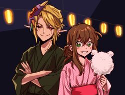 1boy 1girl :d alternate_costume alternate_hairstyle arm_at_side ben_drowned black_background black_kimono black_sclera blonde_hair closed_mouth collarbone colored_sclera commentary cotton_candy creepypasta crossed_arms diamond_(shape) food green_eyes grin hair_bun highres holding holding_cotton_candy holding_food japanese_clothes kimono lantern link long_hair long_sleeves mask mask_on_head nintendo nocturnalsky open_mouth paper_lantern patterned_clothing pink_kimono pointy_ears red_eyes sally_williams short_hair sidelocks simple_background single_hair_bun smile the_legend_of_zelda upper_body wide_sleeves