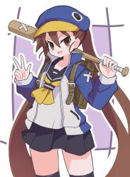 1girl :d backpack bag baseball_bat black_sailor_collar black_skirt black_thighhighs blue_hat blue_jacket blush border brown_eyes brown_hair collarbone cowboy_shot disgaea fang hair_between_eyes hands_up hat highres holding holding_baseball_bat jacket kazamatsuri_fuuka long_hair long_sleeves looking_at_viewer makai_senki_disgaea_4 neckerchief open_clothes open_jacket open_mouth outline outside_border pleated_skirt purple_background sailor_collar school_uniform serafuku shirt skin_fang skirt smile solo suaman thighhighs twintails v very_long_hair white_border white_outline white_shirt yellow_neckerchief