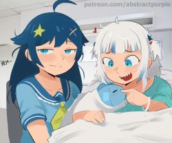 2girls abstractpurple absurdres ahoge blue_hair blue_sailor_collar blue_shirt blush closed_mouth fang fish gawr_gura grey_hair hair_ornament heart highres hololive hololive_english indie_virtual_youtuber medium_hair multiple_girls sailor_collar sameko_saba senzawa shark_hair_ornament sharp_teeth shirt skin_fang smile star_(symbol) star_hair_ornament teeth two_side_up virtual_youtuber voice_actor_connection x_hair_ornament