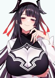 Rule 34 | arm under breasts, black hair, blunt bangs, blush, breasts, closed mouth, dress, finger to cheek, hair ornament, highres, horns, kaoru (h8qm9), large breasts, long hair, nue (nue no onmyouji), nue no onmyouji, red eyes, smile, white background