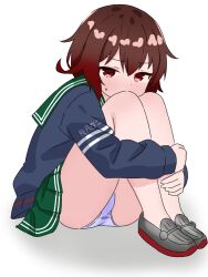 1girl blue_jacket blue_panties blush brown_eyes brown_hair clothes_writing crotch_seam embarrassed green_skirt grey_shoes highres hugging_own_legs jacket kantai_collection long_sleeves looking_at_viewer matsu_(pixiv_115467950) mutsuki_(kancolle) open_clothes open_jacket panties school_uniform serafuku shoes short_hair sitting skirt sweat underwear white_background