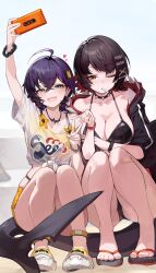 Rule 34 | 2girls, absurdres, alternate costume, bandaid, bandaid on knee, bandaid on leg, bare legs, belle (summer skies) (zenless zone zero), belle (zenless zone zero), bikini, black bikini, black hair, black jacket, blue sky, bracelet, breasts, cellphone, choker, collarbone, colored inner hair, commentary request, ellen joe, goomrrat, green eyes, hair between eyes, hair ornament, heart, highres, holding, holding phone, jacket, jewelry, large breasts, legs, letter hair ornament, lollipop in mouth, looking at viewer, medium breasts, multicolored hair, multiple girls, necklace, official alternate costume, one eye closed, open clothes, open jacket, open mouth, orange eyes, orange shorts, outdoors, phone, red hair, sandals, selfie, shirt, short hair, shorts, sky, smartphone, smile, spiked choker, spikes, squatting, swimsuit, tied shirt, toes, v, white shirt, zenless zone zero