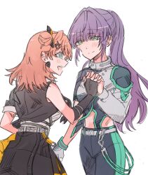 Rule 34 | 2girls, black jacket, black pants, black shirt, black skirt, blue eyes, blush, cerise bouquet, closed mouth, clothing cutout, commentary, cowboy shot, deepness (love live!), double bun, earrings, green eyes, hair bun, highres, hinoshita kaho, holding hands, i do me! (love live!), interlocked fingers, jacket, jewelry, junjun (kimi-la), link! like! love live!, love live!, medium hair, multiple girls, official alternate costume, official alternate hairstyle, open clothes, open jacket, open mouth, orange hair, otomune kozue, pants, ponytail, purple hair, shirt, short-sleeved jacket, short sleeves, shoulder cutout, shrug (clothing), simple background, single bare shoulder, single sleeve, skirt, smile, split mouth, teeth, upper teeth only, virtual youtuber, white background, white shrug