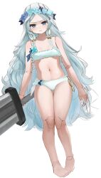 Rule 34 | 1girl, absurdres, bare arms, bare legs, bare shoulders, barefoot, blue eyes, blue flower, blue rose, bra, breasts, clenched teeth, commentary, crack, dokomon, doll joints, elden ring, elden ring nightreign, english commentary, flower, full body, grey hair, highres, holding, holding sword, holding weapon, huge weapon, joints, long hair, looking at viewer, navel, panties, parted bangs, revenant (elden ring), rose, simple background, small breasts, solo, sword, teeth, underwear, underwear only, very long hair, weapon, white background, white bra, white panties