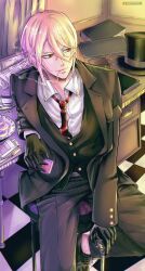 Rule 34 | 1boy, artist name, black gloves, black hat, black jacket, black pants, black shoes, black vest, blonde hair, blurry, blurry background, book, bullet, chair, checkered floor, cigarette, cigarette pack, closed mouth, collared shirt, commentary, cup, english commentary, foot out of frame, gloves, hair between eyes, hat, henoopd, highres, holding matchbox, indoors, jacket, long sleeves, looking to the side, louis james moriarty, male focus, matchbox, necktie, newspaper, on chair, open clothes, open jacket, pants, red eyes, red necktie, shirt, shoes, short hair, sitting, smile, smoke, solo, spoon, table, teacup, vest, white shirt, yuukoku no moriarty