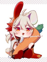 1boy ahoge animal_ears bandaged_hand bandages blonde_hair blush carrot chibi chibi_only commentary_request food full_body genshin_impact hair_between_eyes highres holding holding_food kaedehara_kazuha male_focus mina_(minaleafeon_c) multicolored_hair open_mouth rabbit_ears rabbit_tail red_eyes red_hair sitting solo tail twitter_username white_background