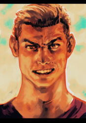 Rule 34 | 1boy, backlighting, black border, black hair, border, brown eyes, brown hair, cristiano ronaldo, fatal fury, fatal fury: city of the wolves, furrowed brow, grin, hungry clicker, letterboxed, looking at viewer, male focus, mole, open mouth, real life, short hair, simple background, smile, solo, teeth, thick neck, upper body, upper teeth only, v-shaped eyebrows