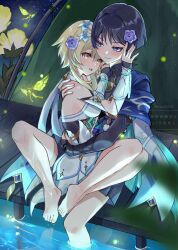 Rule 34 | 1boy, 1girl, animal print, aqua sleeves, armor, barefoot, bird print, black bodysuit, black bridal gauntlets, black corset, black hair, black shorts, blonde hair, blue cape, blue eyes, blue flower, blue trim, blunt ends, blush, bodysuit, breasts, bridal gauntlets, cape, closed mouth, corset, couple, crystalfly (genshin impact), dress, eyelashes, eyeliner, eyeshadow, fingernails, fireflies, flower, furisode, genshin impact, gold, gold ring, gold trim, grey pupils, hair flower, hair intakes, hair ornament, hakama, hakama shorts, hand on another&#039;s back, hand on another&#039;s shoulder, hand up, hetero, highres, japanese armor, japanese clothes, kimono, kote, kurokote, legs together, looking at another, lumine (genshin impact), makeup, mandarin collar, medium breasts, middle ring, multicolored flower, night, night sky, open mouth, outdoors, pink nails, pleated shorts, pom pom (clothes), red eyeliner, red eyeshadow, reflection, reflective water, scaramouche (genshin impact), short hair, short hair with long locks, shorts, sideboob, sidelocks, sitting, sitting between lap, sky, smile, snow20200, star (sky), starry sky, sumeru rose (genshin impact), tent, twitter username, wading, wanderer (genshin impact), watermark, wet, white dress, white flower, white sleeves, white trim, wispy bangs, yellow eyes, yellow flower, yokozuwari