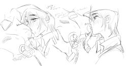 2girls alien_stage breast_pump breast_sucking breasts commentary english_commentary english_text greyscale hat highres large_breasts milking_machine mizi_(alien_stage) monochrome multiple_girls nipples sketch sua_(alien_stage) the_quipper tongue yuri