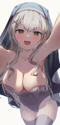 00s1g00 1girl bamboo bamboo_forest black_veil blurry blurry_foreground blush braid breasts chestnut_mouth cleavage commentary_request covered_navel depth_of_field double-parted_bangs forest gold_trim green_eyes groin_tendon hair_ornament hairclip highleg highleg_leotard highres hololive hololive_fantasy incoming_hug large_breasts leotard long_hair looking_at_viewer nature nun official_alternate_costume official_alternate_hair_length official_alternate_hairstyle open_mouth reaching reaching_towards_viewer shirogane_noel shirogane_noel_(battle_nun) shirogane_noel_(nun) side_braid solo strapless strapless_leotard thighhighs veil virtual_youtuber white_leotard white_thighhighs x_hair_ornament