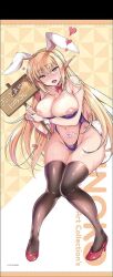 Rule 34 | 1girl, animal ears, blonde hair, blush, braid, breasts, brown eyes, cleavage, crown braid, detached collar, elf, female focus, heart, heart-shaped pupils, large breasts, legs together, leotard, long hair, ninoko, nipples, open mouth, original, playboy bunny, pointy ears, pubic tattoo, purple leotard, rabbit ears, rabbit tail, revealing clothes, simple background, stomach tattoo, sylpha (ninoko), symbol-shaped pupils, tail, tattoo, thighhighs, very long hair, white background, wrist cuffs