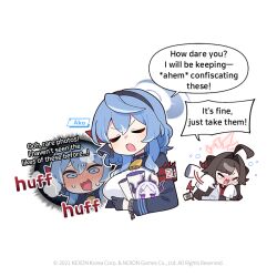 2girls afterimage ahoge ako_(blue_archive) armband blue_archive blue_halo blue_headband breasts brown_hair character_mask character_name chibi closed_eyes coat commentary cropped_torso crying curled_horns donmin_h english_commentary english_text female_pervert gloves hair_intakes half_gloves halo headband hina_(blue_archive) horns kasumi_(blue_archive) lab_coat large_breasts long_hair long_sleeves mask motion_lines multiple_girls official_art open_clothes open_coat open_mouth pervert red_halo red_shirt shirt sideboob sleeves_past_fingers sleeves_past_wrists speech_bubble tail v-shaped_eyebrows white_coat