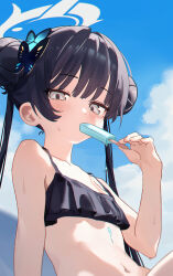 1girl absurdres alternate_costume bikini black_bikini black_hair blue_archive blue_sky blush breasts bun_with_braided_base butterfly_hair_ornament cloud cloudy_sky day double_bun eco_376124 food food_in_mouth grey_eyes grey_halo hair_bun hair_ornament halo highres holding holding_food holding_popsicle kisaki_(blue_archive) loli long_hair looking_at_viewer navel popsicle popsicle_in_mouth sky small_breasts solo stomach swimsuit twintails upper_body