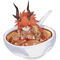 1boy antlers armor bowl braid character_request chibi code009 food food_request horns in_bowl in_container in_food long_hair looking_at_viewer male_focus multiple_braids o-ring orange_hair partially_submerged pauldrons pointy_ears red_eyes shanhai_jing_hua shoulder_armor simple_background sitting solo soup spoon tassel toned toned_male topless_male white_background