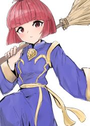 1girl 9ballacne belt belt_around_waist blue_robe bob_cut broom cotton_(character) cotton_(game) eyelashes highres holding holding_broom looking_at_viewer over_shoulder red_eyes red_hair robe short_hair simple_background smile upper_body video_game white_background