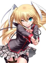 &gt;:) 1girl aqua_eyes black_jacket blonde_hair bow c: closed_mouth commentary_request cowboy_shot eyelashes floating_clothes floating_hair grey_skirt gun hair_ribbon handgun holding holding_gun holding_weapon holster jacket light_blush little_busters! long_hair long_sleeves looking_at_viewer miniskirt one_eye_closed own_hands_together pink_bow plaid_clothes plaid_skirt pleated_skirt pointing pointing_at_viewer ribbon simple_background skirt smile solo standing straight-on thigh_holster tokido_saya two_side_up v-shaped_eyebrows very_long_hair weapon white_background white_ribbon zen_(kamuro)