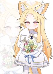 1girl absurdres animal_ear_fluff animal_ears bird black_neckerchief blonde_hair blue_archive blush closed_mouth commentary dress flower fox_ears fox_girl fox_tail halo highres holding holding_flower long_hair looking_at_viewer multicolored_eyes neckerchief seia_(blue_archive) sleeves_past_fingers sleeves_past_wrists tail tit_(bird) tonghua_sakana white_background white_dress white_sleeves yellow_halo