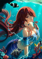 1girl absurdres air_bubble blue_shirt breasts bubble cleavage closed_mouth coral fish grey_eyes hair_between_eyes hair_ribbon highres holding holding_own_hair jewelry long_hair mermaid monster_girl off-shoulder_shirt off_shoulder original red_hair ribbon shigenmoshi shirt underwater