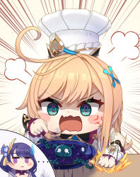 ... 2girls :&lt; absurdres ahoge anger_vein blank_eyes blonde_hair blue_eyes blush_stickers chef_hat chibi chibi_only chinese_commentary closed_mouth commentary_request dd_che_shen escoffier_(genshin_impact) flower fork_hair_ornament genshin_impact hair_between_eyes hair_flower hair_ornament hat highres multiple_girls open_mouth pointing purple_eyes purple_flower raiden_shogun slamming_table sweatdrop white_hat white_wrist_cuffs wrist_cuffs