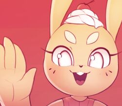 1girl :3 absurdres animal_nose body_fur buck_teeth cherry cream female_focus food food_on_head fruit furry furry_female hand_up happy highres keki_(kekitopu) kekitopu looking_at_viewer object_on_head open_mouth original portrait rabbit_ears rabbit_girl red_background simple_background smile solo straight-on teeth thick_eyebrows tongue v-shaped_eyebrows waving whiskers white_eyes yellow_fur