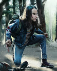 1girl absurdres artist_name backpack bag black_boots black_eyes blue_jacket blue_pants boots brown_hair check_copyright chinese_commentary clenched_hands clenched_teeth commentary_request copyright_request corpse dappled_sunlight day denim denim_jacket falling_leaves fingernails forest full_body furrowed_brow green_bag hair_over_shoulder highres jacket jeans leaf light_blush light_particles lips logan_(movie) long_hair long_sleeves looking_ahead marvel nature on_one_knee open_clothes open_jacket original pants rainbow_print realistic shirt solo starlab sunlight teeth the_wolverine thick_eyebrows watermark white_shirt x-23 x-men x-men_film_series