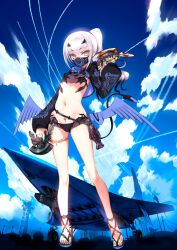 1girl aircraft aqua_nails arm_at_side bikini black_bikini black_mask black_shrug black_tail blue_sky blue_wings breasts choco_(chocolate_shop) cleavage cloud contrail contrapposto covered_mouth dragon_girl dragon_tail dragon_wings dual_wielding fate/grand_order fate_(series) fingernails full_body game_cg gradient_hair groin hair_ornament hand_up high_ponytail holding holding_weapon hood hood_down hooded_shrug jacket jacket_over_swimsuit jewelry long_hair long_sleeves looking_at_viewer low_wings lowleg lowleg_bikini mask melusine_(fate) melusine_(swimsuit_ruler)_(fate) melusine_(swimsuit_ruler)_(first_ascension)_(fate) mouth_mask multicolored_hair nail_polish navel official_art orange_eyes ponytail pubic_tattoo sandals see-through_cleavage see-through_clothes shrug_(clothing) sidelocks single_bare_leg skinny sky small_breasts solo stomach swimsuit tail tattoo thighlet third-party_source toenails toes variant_set vehicle_request weapon weapon_request white_hair wings