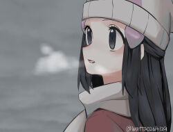 1girl artist_name beanie black_eyes black_hair breath cold commentary_request dawn_(pokemon) grey_background hair_ornament hairclip hat highres long_hair nintendo one-hour_drawing_challenge open_mouth pokemon pokemon_dppt pokemon_platinum portrait scarf solo tongue watermark watta02614129 white_hat white_scarf winter_clothes
