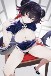 1girl black_hair blue_panties breasts chinese_clothes cleavage colored_inner_hair double_bun eating ei_(eiei_e1) ellen_joe fins fish_tail hair_bun high_heels highres holding holding_skewer large_breasts lifting_own_clothes looking_at_viewer multicolored_hair panties red_eyes red_hair shark_girl shark_tail short_hair skewer solo tail underwear zenless_zone_zero