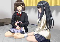 3girls absurdres age_difference aimi_(tikichin0229) black_cardigan black_hair blue_eyes bob_cut bow bowtie brown_hair cardigan closed_eyes commentary_request commission doll facing_viewer highres holding holding_doll indoors long_hair looking_at_another low_twintails multiple_girls onee-loli original pink_shirt pixiv_commission plaid_clothes plaid_skirt pleated_skirt purple_skirt red_bow red_bowtie seiza shirt sitting sitting_on_lap sitting_on_person skirt socks twintails white_cardigan white_socks yellow_curtain