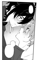 2boys 44dots bad_tag genshin_impact greyscale monochrome multiple_boys tartaglia_(genshin_impact) twitter white_background yaoi zhongli_(genshin_impact)