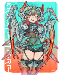 1girl arthropod_girl breasts claws cyberpunk cyborg extra_arms gia gradient_hair green_eyes green_hair headgear highres looking_at_viewer mantis_girl multicolored_hair original prosthesis prosthetic_arm red_hair science_fiction sharp_teeth short_hair short_shorts shorts small_breasts solo standing teeth thighhighs two-tone_hair underboob