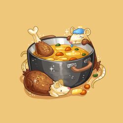 animal_focus carrot_slice charongess chicken_(food) chicken_leg commentary drooling english_commentary food food_art food_focus foodification mouse_(animal) no_humans original potato smile soup sparkle