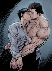 bandages bara batman batman_(series) black_hair black_pants bruce_wayne chest_hair closed_eyes collared_shirt dc_comics dick_grayson facial_hair father_and_son hand_on_another&#039;s_hip incest kiss large_pectorals muscular muscular_male nakadoori nightwing nipples pants pectorals sarashi shirt short_hair sideburns simple_background topless_male white_shirt yaoi