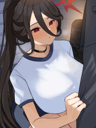 1boy 1girl black_hair blue_archive blush breasts choker collarbone formal_clothes grey_pants grey_suit gym_shirt hair_between_eyes halo hasumi_(blue_archive) hasumi_(track)_(blue_archive) highres large_breasts long_hair long_hair_between_eyes mi_taro333 mole mole_under_eye pants ponytail pulling_another&#039;s_clothes pulling_off_legwear red_eyes red_halo shirt suit very_long_hair white_shirt