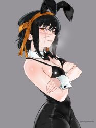 1girl alternate_costume animal_ears black_bow black_bowtie bow bowtie breasts chainsaw_man closed_mouth crossed_arms detached_collar facial_scar fake_animal_ears grey_background hair_bun harutoyumaarts headband leotard medium_breasts orange_headband playboy_bunny rabbit_ears red_eyes scar scar_on_cheek scar_on_face solo wrist_cuffs yoru_(chainsaw_man)