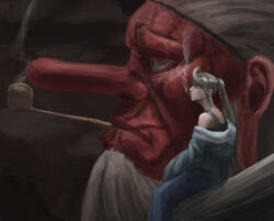 1boy 1girl absurdres beard cigarette colored_skin commentary dark_background facial_hair facial_scar grey_hair highres long_hair ofurofuro1234 original ponytail red_skin scar scar_on_cheek scar_on_face sitting smoking smoking_pipe symbol-only_commentary tengu white_hair yellow_eyes