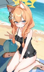 1girl ;) absurdres animal_ear_fluff animal_ears ball beach beachball black_one-piece_swimsuit blue_archive blue_eyes braid breasts cleavage commentary_request flower frilled_one-piece_swimsuit frills hair_flower hair_ornament halo highres long_hair looking_at_viewer mari_(blue_archive) mari_(swimsuit)_(blue_archive) official_alternate_costume one-piece_swimsuit one_eye_closed orange_hair sand sandals sitting small_breasts smile solo swimsuit twin_braids urashima_jiro v white_flower yellow_halo