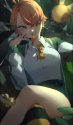 Rule 34 | 1girl, absurdres, antenna hair, asymmetrical bangs, bee, black skirt, black thighhighs, boku no hero academia, bow, bowtie, breasts, bug, collared shirt, commentary, crossed legs, dress shirt, earrings, english commentary, eyepatch, feet out of frame, glass shards, green eyes, green jacket, grin, hachisuka kuin, hair over one eye, hand up, highres, honey, insect, jacket, jewelry, light particles, long sleeves, loose bowtie, lying, medical eyepatch, medium breasts, miniskirt, mouth hold, on back, orange hair, parted bangs, pleated skirt, ribbon, ribbon in mouth, sharp teeth, shirt, shirt tucked in, short hair, single thighhigh, skirt, smile, solavit401, solo, strap pull, striped clothes, striped thighhighs, stud earrings, teeth, thighhighs, thighs, vigilante -boku no hero academia: illegals-, white shirt, wing collar, yellow bow, yellow bowtie, yellow thighhighs