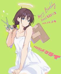 1girl absurdres blue_eyes brown_hair cardboard character_name collarbone commentary copyright_name dated dress english_commentary fake_halo fake_wings girls_band_cry green_background halo hand_up happy_birthday highres holding holding_scissors iseri_nina looking_at_viewer low_twintails open_mouth scissors short_hair short_twintails solo spaghetti_strap twintails white_dress wings yumuto_(spring1786)