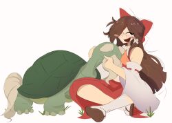 1girl :d ascot beard blush_stickers bow brown_footwear brown_hair closed_eyes commentary detached_sleeves english_commentary facial_hair full_body genjii_(touhou) hair_bow hakurei_reimu highres kappce long_hair open_mouth red_bow ribbon-trimmed_sleeves ribbon_trim simple_background sitting smile touhou turtle white_background wide_sleeves yellow_ascot