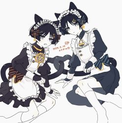 2boys 6seox_gb alternate_costume animal_ears apron black_bridal_gauntlets black_dress black_hair black_hairband black_sleeves blue_bow blunt_ends bow bridal_gauntlets bright_pupils cat_boy cat_ears cat_tail chain closed_mouth colored_inner_hair crossdressing dated dress dual_persona enmaided eyelashes eyeliner eyeshadow fang frilled_apron frilled_dress frilled_hairband frills furrowed_brow genshin_impact gold gold_chain gold_ring grey_eyes grey_hair hair_bow hair_ornament hairband hairclip heart heart_tail highres intertwined_tails jewelry juliet_sleeves kneehighs long_sleeves looking_at_viewer maid maid_apron maid_day maid_headdress makeup male_maid mandarin_collar middle_ring mitsudomoe_(shape) multicolored_hair multiple_boys neck_ring open_mouth parted_bangs puffy_sleeves purple_eyes red_bow red_eyeliner red_eyeshadow scaramouche_(genshin_impact) sitting skin_fang socks tail tomoe_(symbol) tsurime wanderer_(genshin_impact) white_apron white_background white_pupils white_socks white_trim yokozuwari