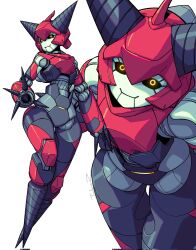 Rule 34 | 1girl, artist name, black sclera, closed mouth, colored sclera, commentary, cone hair bun, double bun, drill, drill hand, eyelashes, fewer digits, full body, hair bun, highres, humanoid robot, jackoonz, joints, leaning forward, looking at viewer, multiple views, no feet, original, pale skin, robot, robot girl, robot joints, signature, simple background, smile, standing, symbol-only commentary, white background, wide hips, yellow eyes