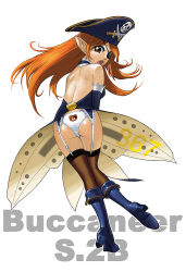 1girl aircraft airplane animal_print back bear_panties bear_print blackburn_buccaneer boots brown_eyes eyepatch female_focus from_behind garter_belt hat janome_gochou jet jolly_roger looking_back mecha_musume military original panties personification pirate pirate_hat pointy_ears print_panties red_hair skull_and_crossbones skull_and_crossed_swords solo thighhighs underwear