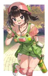 1girl :d absurdres animal_print armpit_crease ayaoshiro backwards_hat bandaid bandaid_on_face bandaid_on_nose bandaid_on_thigh bare_shoulders baseball_cap bethy black_eyes blurry blurry_background blush border bracelet breasts brick_road bright_pupils brown_hair cleavage collarbone commentary commentary_request commission commissioner_upload english_commentary eyelashes foot_out_of_frame frog_on_head frog_print green_bandaid green_overalls green_shoes green_suspenders hat highres holding indie_virtual_youtuber jewelry knee_pads lanyard large_breasts light_particles looking_at_viewer medium_hair mixed-language_commentary nose open_mouth outdoors outside_border overalls park pink_hat pink_shirt pink_shoes second-party_source shirt shoes short_twintails sidelocks smile solo suspenders_pull sweat sweatdrop teeth thigh_gap thighs three-finger_salute tomboy tongue twintails upper_teeth_only virtual_youtuber white_border white_pupils white_shoes