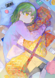 Rule 34 | 1girl, absurdres, camera, cellphone, earphones, green hair, highres, hugging blanket, indoors, irodori warabi, listening to music, long sleeves, lying, on side, original, phone, photo (object), pillow, smartphone, solo, tears, window shadow, yellow eyes